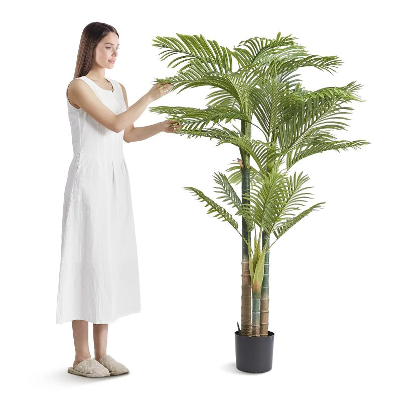 Artificial Gold Cane Palm Tree, 6.5 FT Tall Faux Plant, PE Material & Anti-Tip Tilt Protection Low-Maintenance Plant, Lifelike Green Fake Tree For Home Office Warehouse Decor Indoor Outdoor