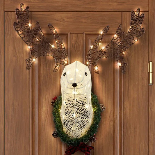 Lighted Christmas Wall Decor Reindeer Head, 39 Pre-lit 3D Rudolph Hanging Wreath For Front Door Window Indoor Outdoor Xmas Decor Lighted Holiday Displays