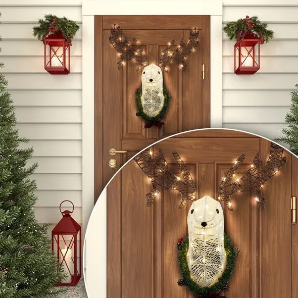 Lighted Christmas Wall Decor Reindeer Head, 39 Pre-lit 3D Rudolph Hanging Wreath For Front Door Window Indoor Outdoor Xmas Decor Lighted Holiday Displays