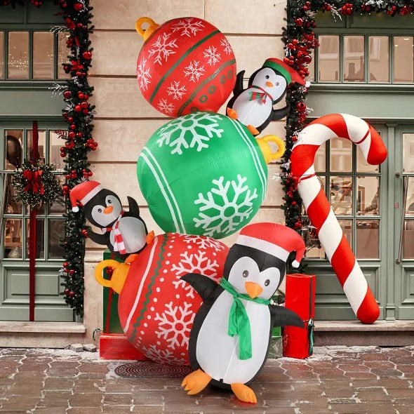 8.9 FT Lighted Christmas Inflatable Decoration, Inflatable Christmas Balls And Penguins, Funny Blow Up Yard Decorations With Built-in LED Lights For Holiday Party Front Yard Lawn Garden Decor