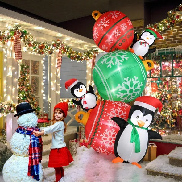 8.9 FT Lighted Christmas Inflatable Decoration, Inflatable Christmas Balls And Penguins, Funny Blow Up Yard Decorations With Built-in LED Lights For Holiday Party Front Yard Lawn Garden Decor