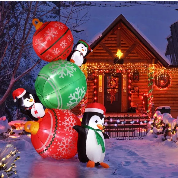 8.9 FT Lighted Christmas Inflatable Decoration, Inflatable Christmas Balls And Penguins, Funny Blow Up Yard Decorations With Built-in LED Lights For Holiday Party Front Yard Lawn Garden Decor