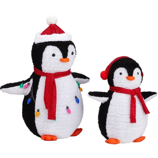 2-Piece Lighted Plush Penguins Christmas Yard Decorations, Set Of 2 Pre-lit Pull Up Penguins With 150 Warm White LEDs, Multi-color Light String And Stakes For Xmas Outdoor Holiday Indoor Decor