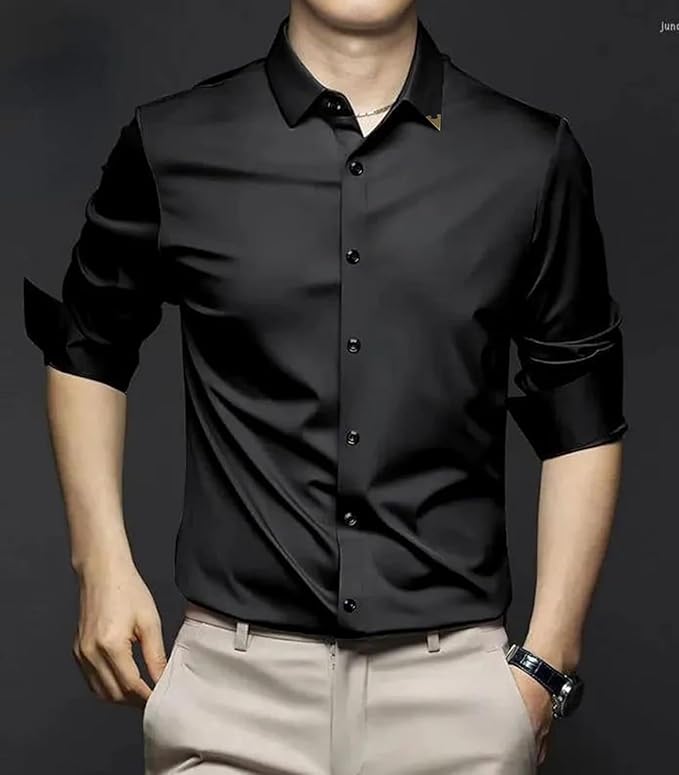 DEELMO Men's Stylish Solid Satin Casual Shirt for Men Full Sleeves| Poly Satin Silk Shirt