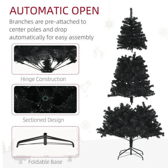 HOMCOM 6ft Tall Artificial Christmas Tree Unlit Xmas Tree With Branch Tips  Auto Open, Steel Base, Holiday Decor For Home Office, Black