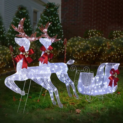 3-Piece Lighted Set Of 2 Reindeer & Sleigh, Weather Proof Christmas Outdoor Decorations With Pre-lit 270 LED White Lights And Stakes For Xmas Outdoor Holiday Indoor Decor Lighted Holiday Displays, Whi