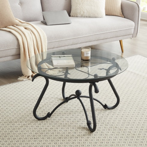 2 Piece Tempered Glass Surface Coffee Table Set, Decor Coffee Table Round End Side Table With Sturdy Construction For Living Room