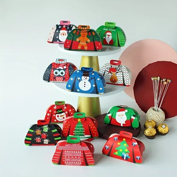 24Pcs Christmas Candy Boxes Assorted 3D Christmas Ugly Sweater Cookie Paper Boxes Cloth Shape Treat Box For Xmas Party Decor Supplies