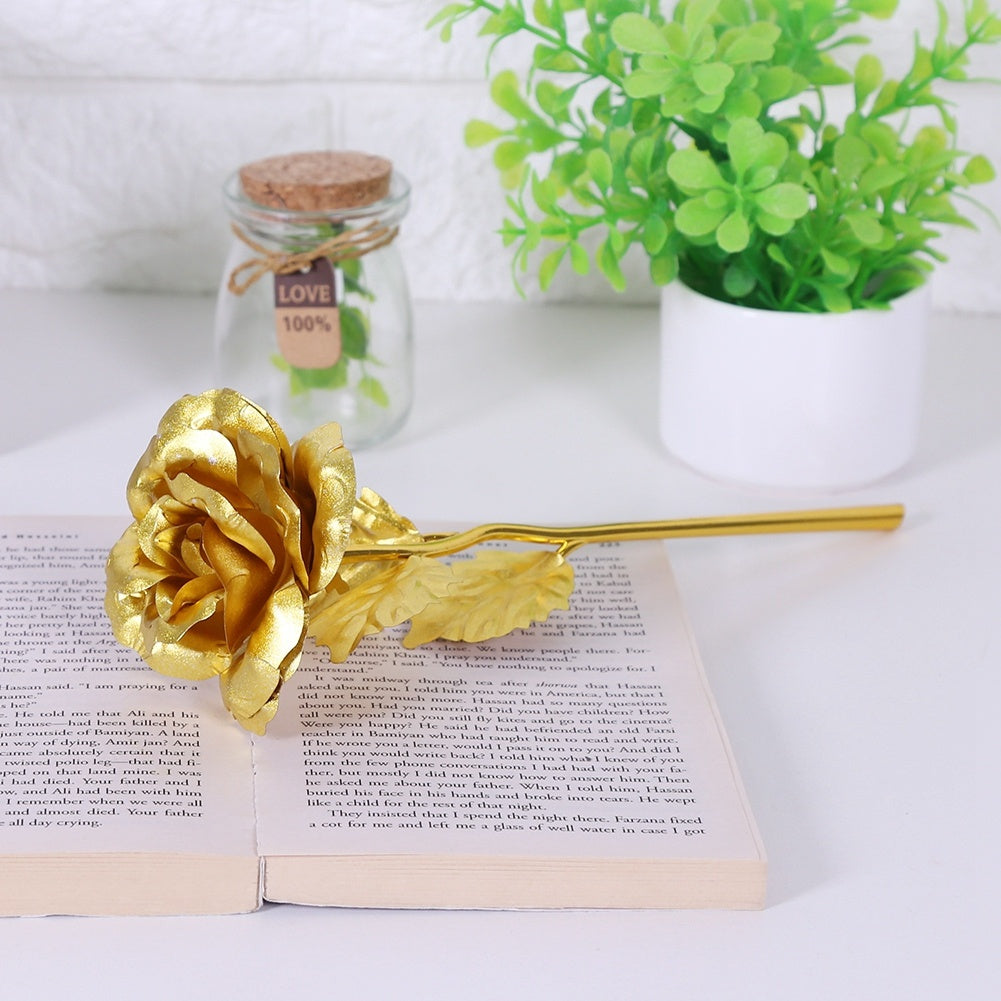 24K Gold Foil Flower Artificial Rose Valentine Day Romantic Gift for Home Table Decor(Golden)