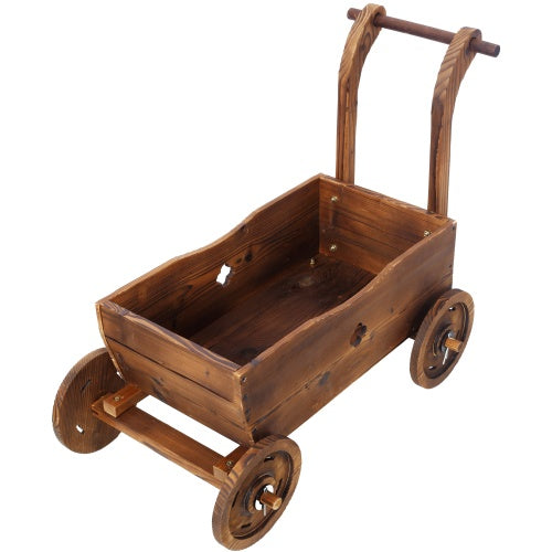 Wooden Wagon Planter Box, Mobile Garden Planter With 4 Wheels, Handle, Drain Hole, Decorative Flower Planter For Indoor & Outdoor Decor, Wooden Flower Cart For Patio, Garden, Balcony, Brown